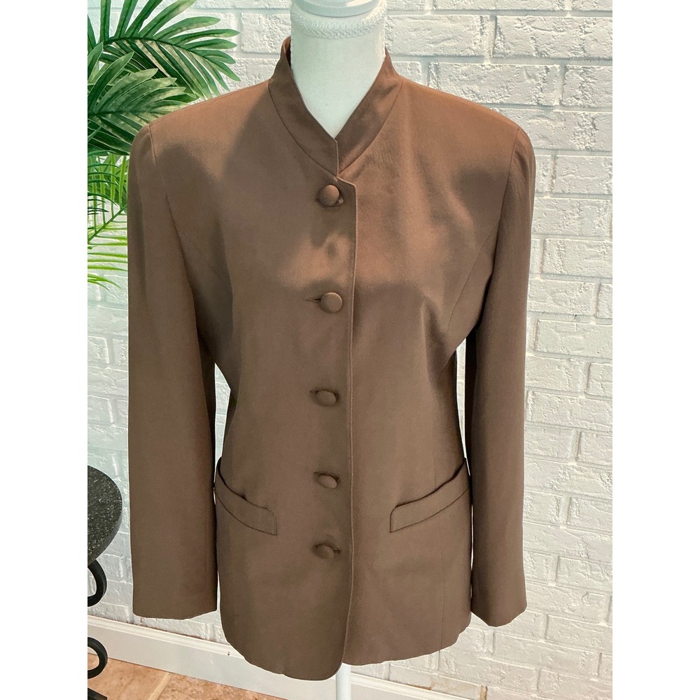 Talbots Blazer Women 2 Brown Excellent Silk Mandarin Collar Button Front